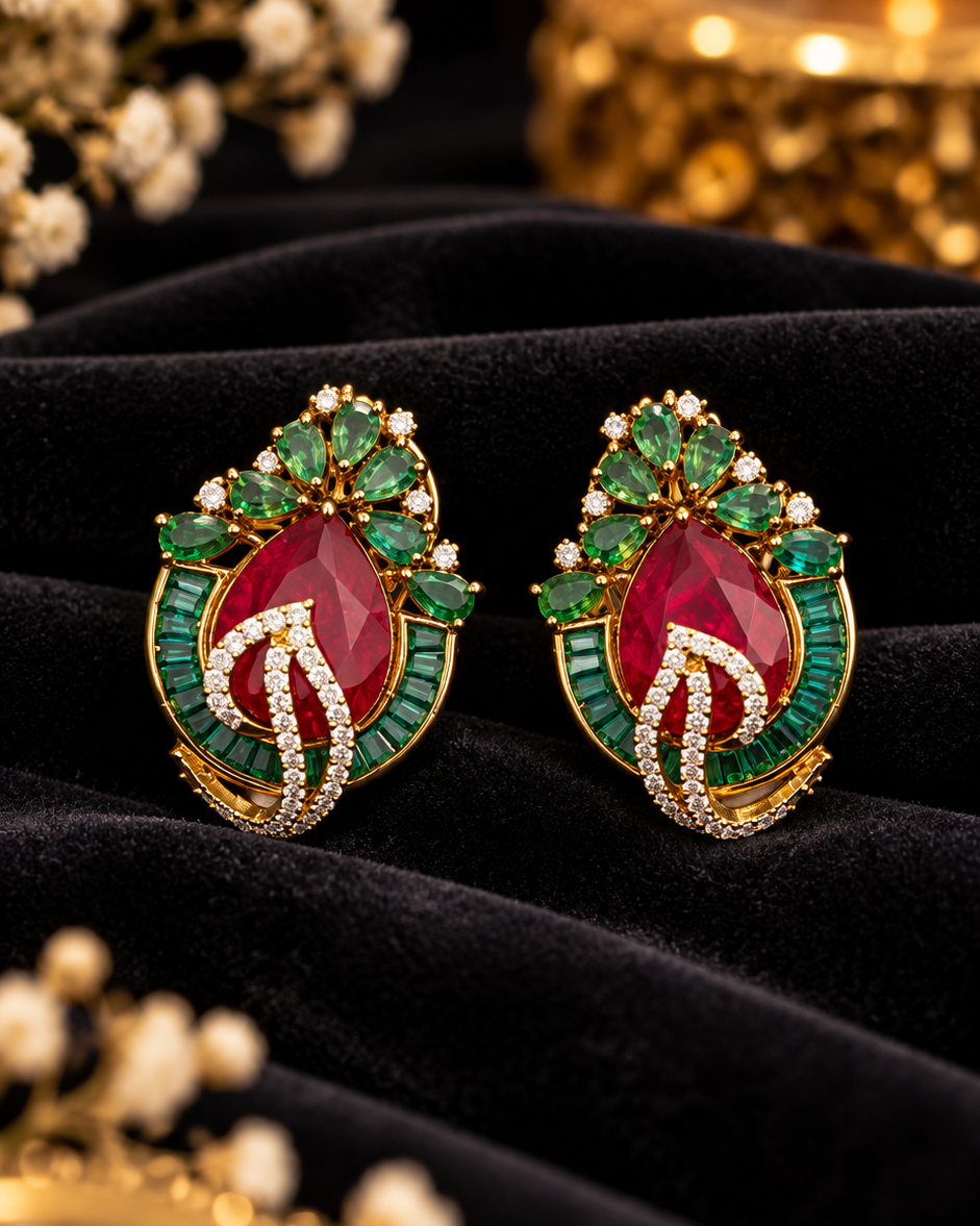 Ruby & Emerald Leaf Moissanite Studs