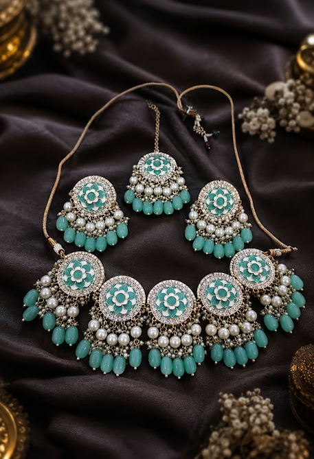 Floral Sea Blue Enamel Kundan beads Set