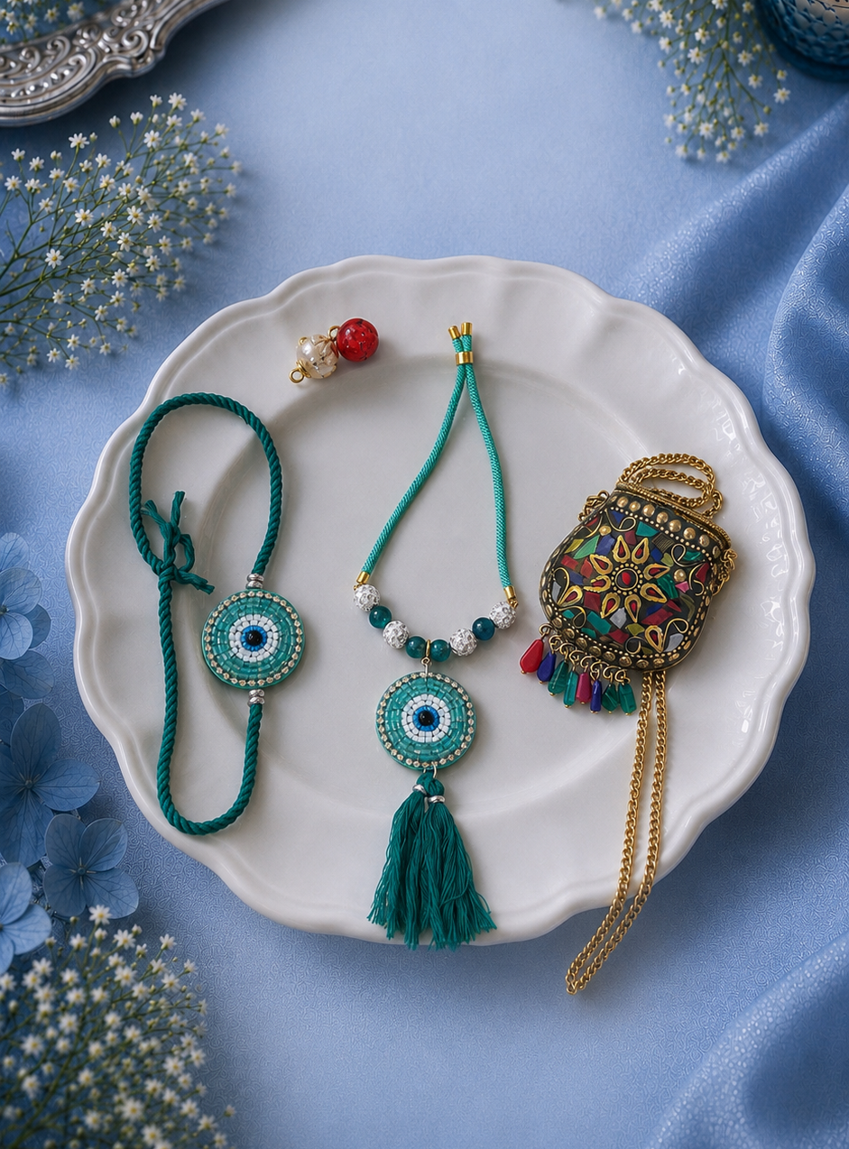 Teal Evil Eye Bhai and Bhabhi Rakhi with Premium Brass Pouch - Gift for Bhabhi Combo