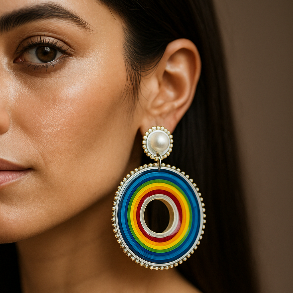 Rainbow Pearl and Halo Statement Earrings Dangler Style || Size: 8cm*5.5cm*1cm