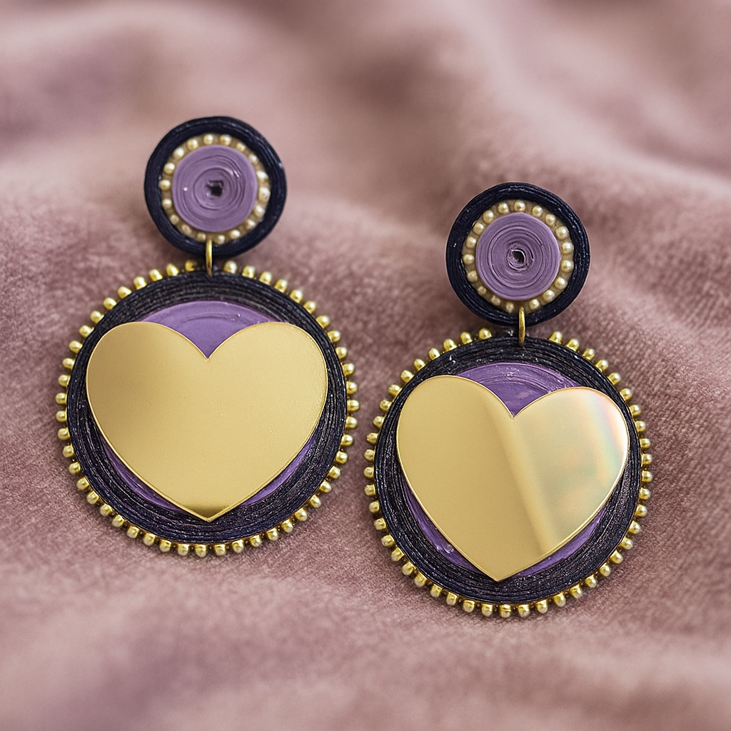Lavender Purple Heart Mirror Earrings Dangler Style || Size: 8cm*5.5cm*1cm