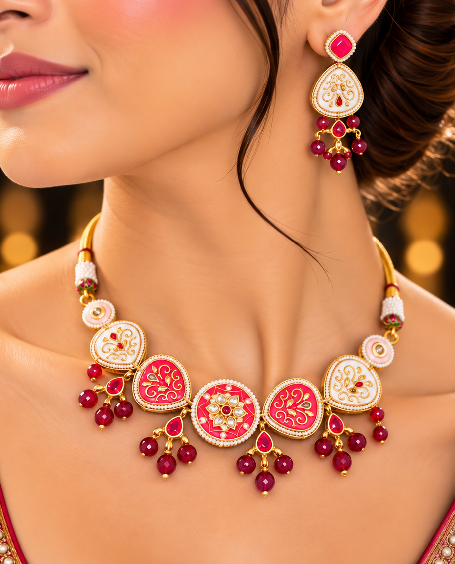White & Pink Kundan Choker Set