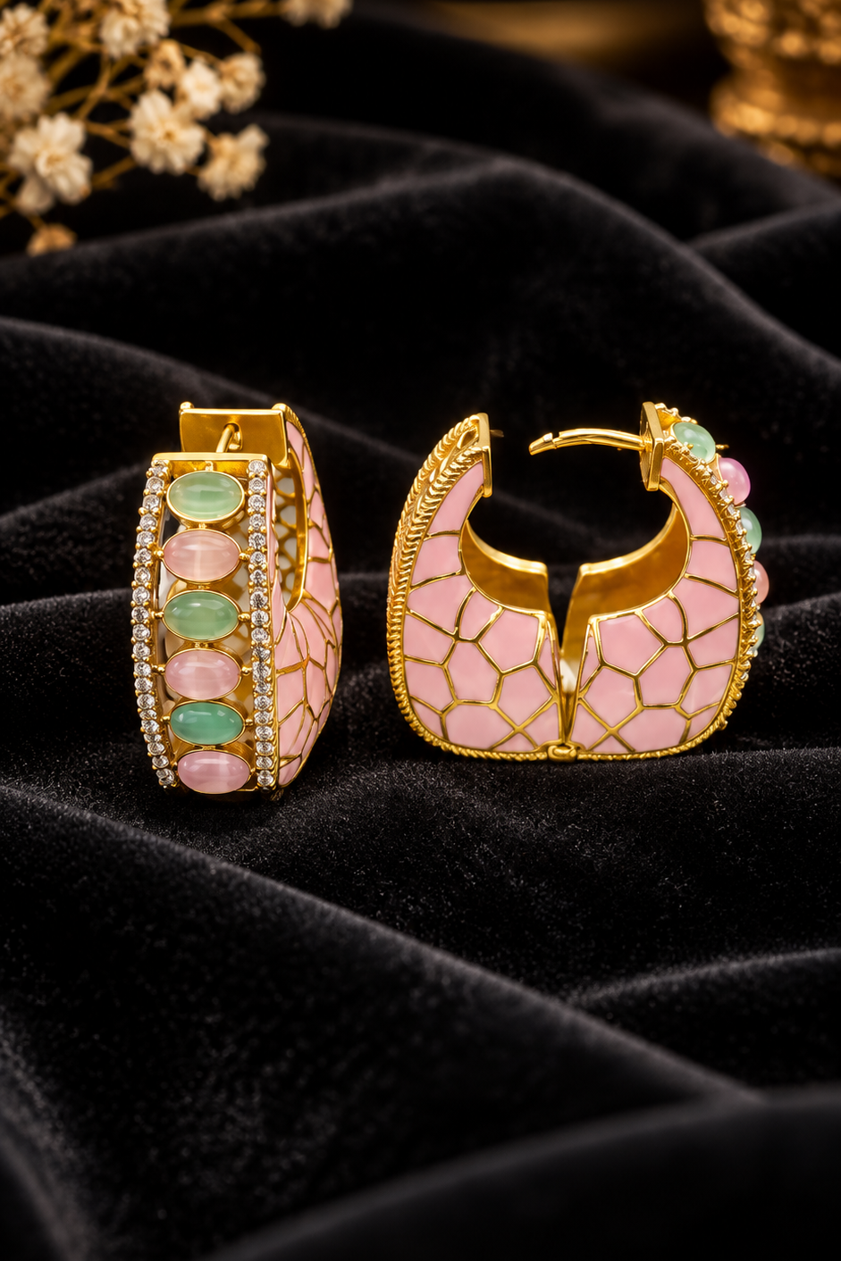 Pink Purse Designer Moissanite Polki Hoops (Big)