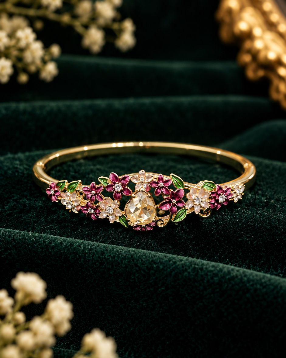 Anti-Tarnish 18k Gold PVD plated Magenta Flower Bracelet