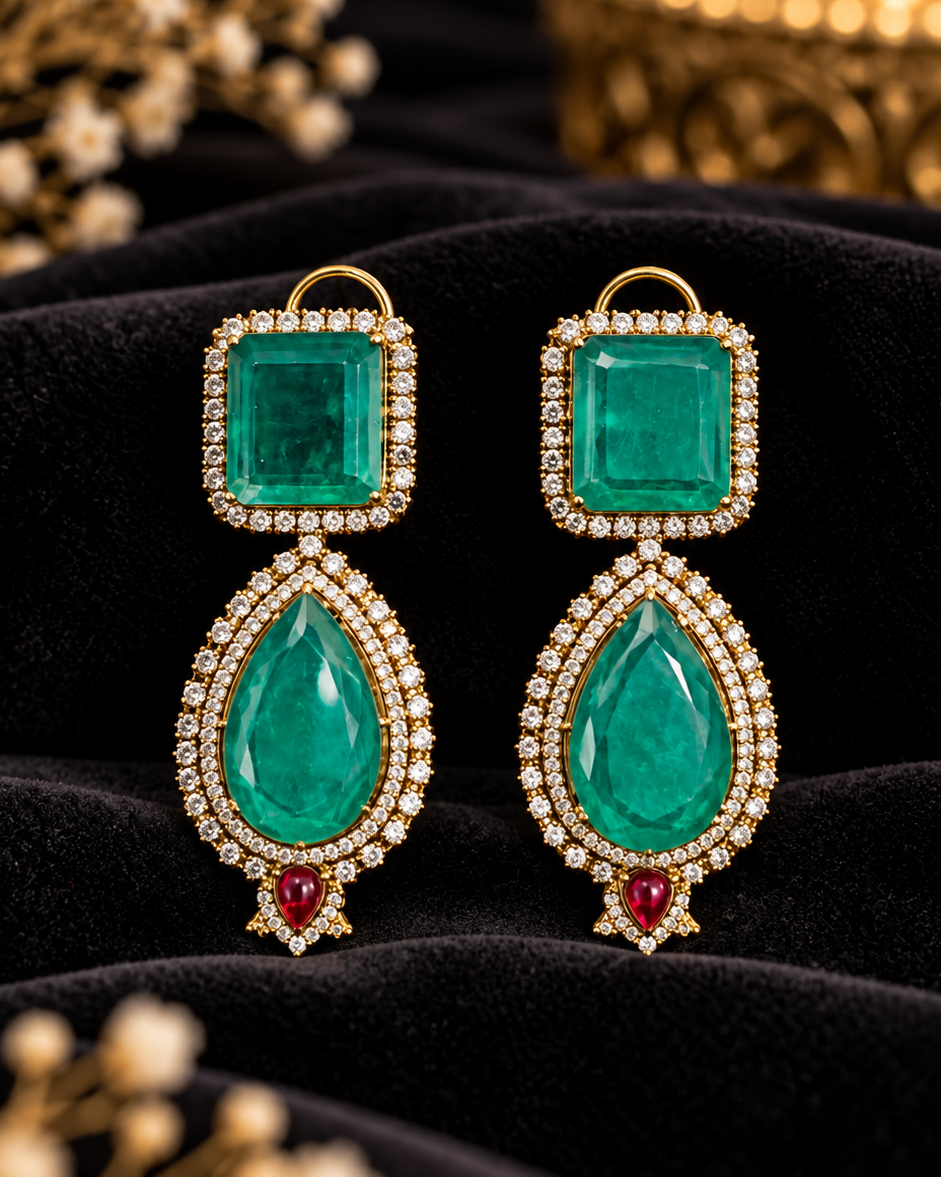 Green Emerald Mossanite Gold Finish Earrings
