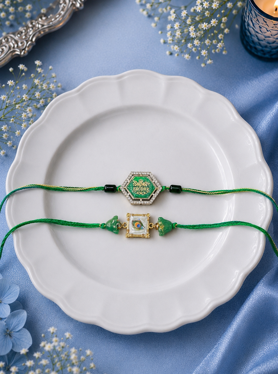 Super bro and Peacock feather theme Rakhi Set of 2