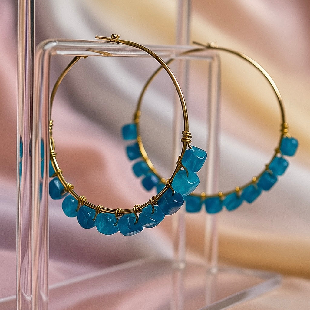 Cube Natural Stones Loop and Hoop Earrings - || Size: 7.5 cm Dia