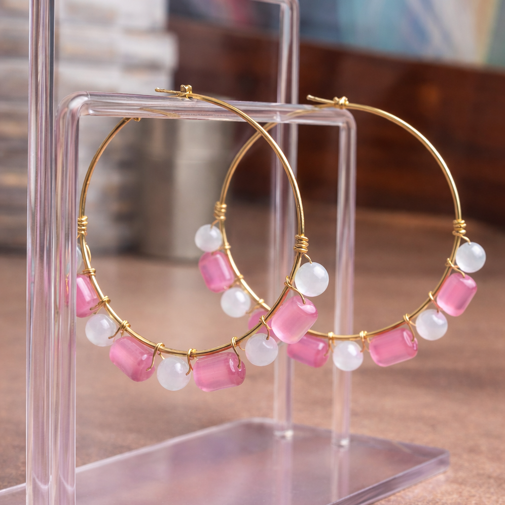 Monalisa Pink and White Stones Loop and Hoop Earrings