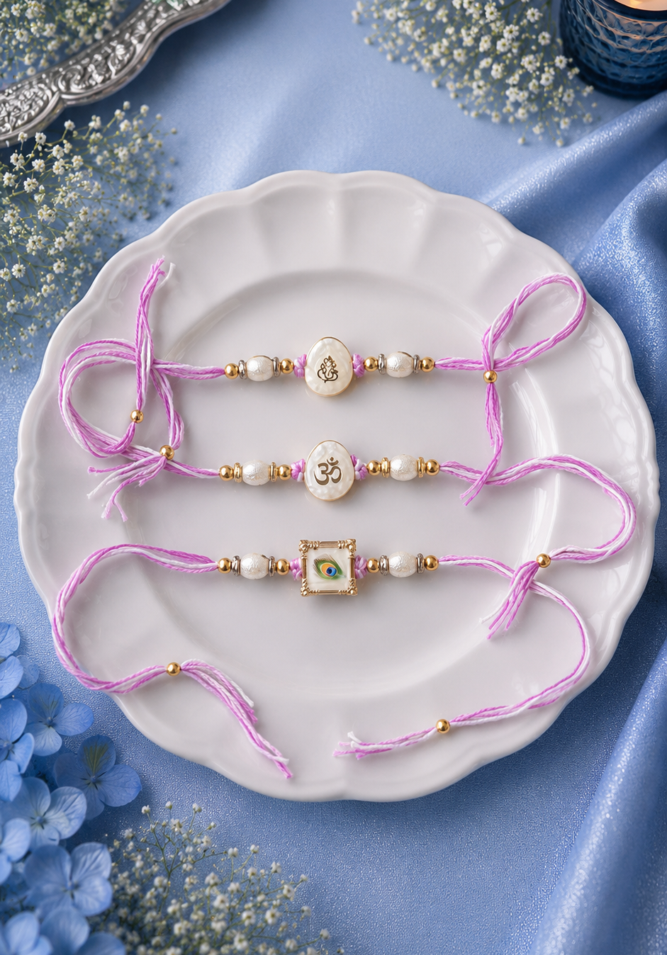 Om - Ganesha - Krishna - Marble Designer rakhi - Set of 3 in Purple