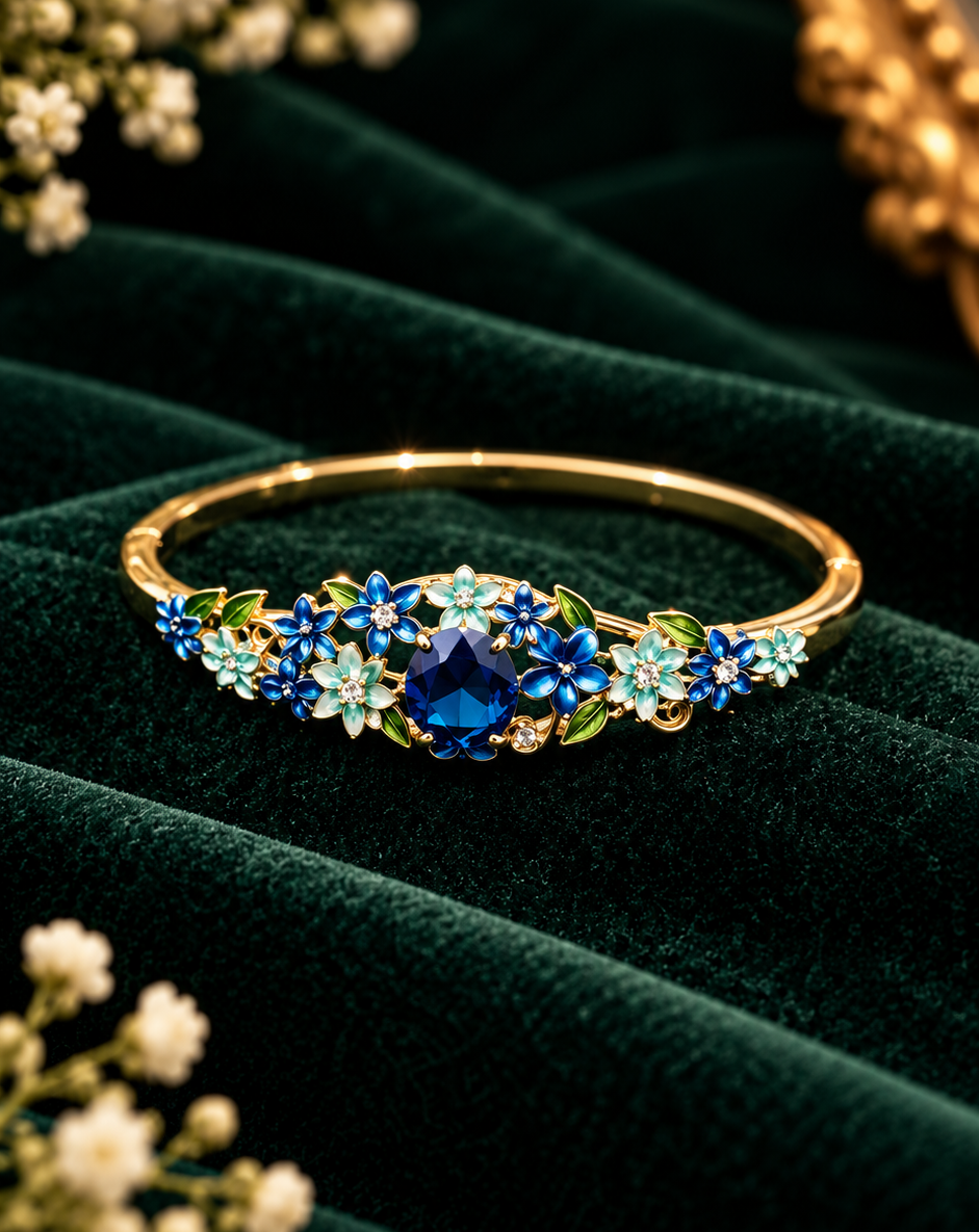 Anti-Tarnish 18k Gold PVD plated Blue Floral Bracelet