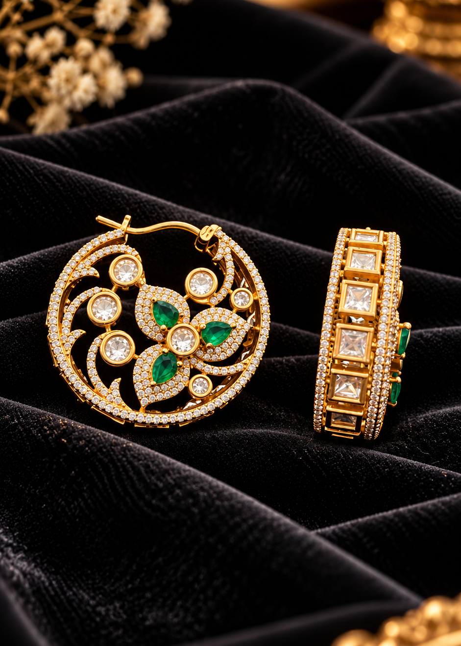 Green Round Basket Designer Kundan Polki Hoops