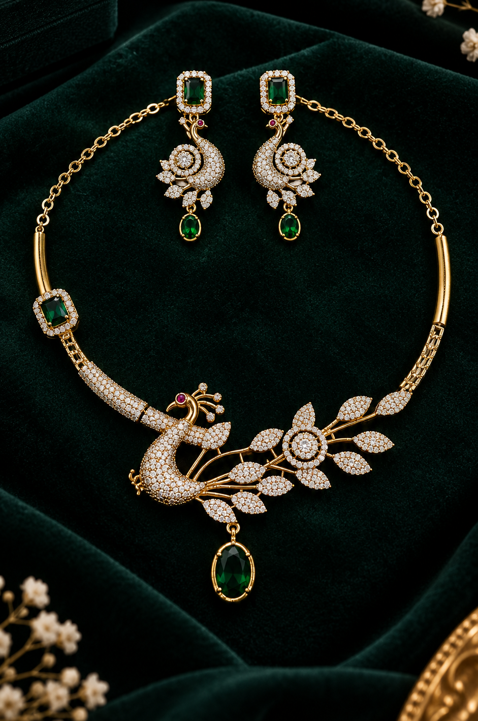 Golden Peacock Green Stone & Diamond Zirconia Necklace Set