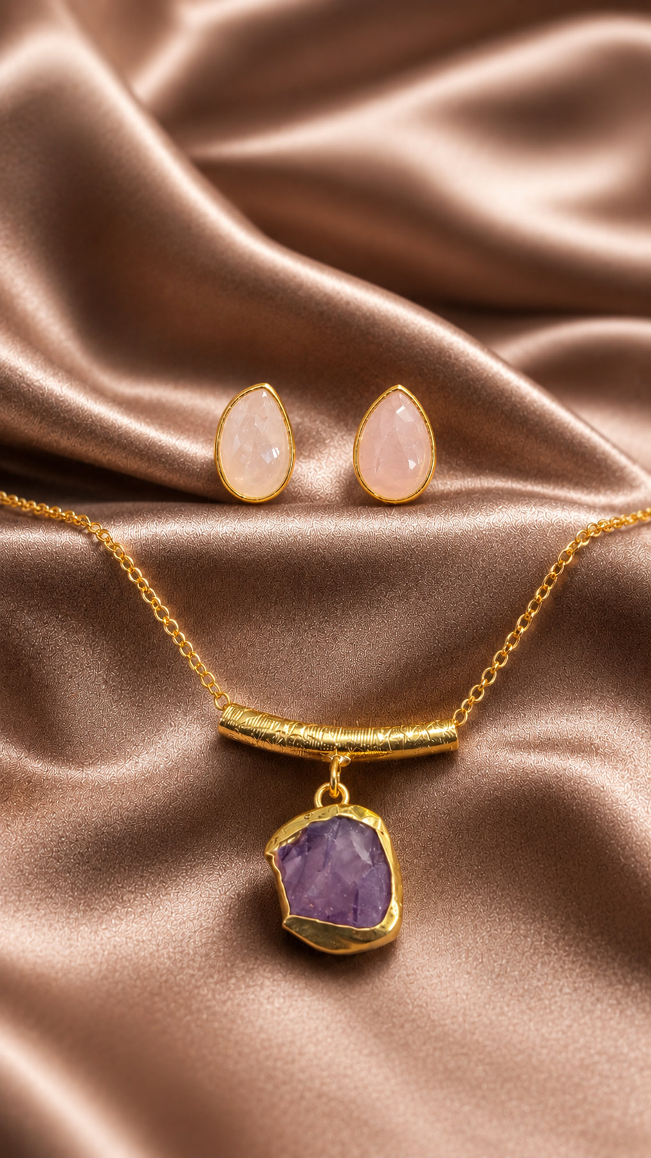 Semi- Precious Stone Swing Chain Necklace with Studs