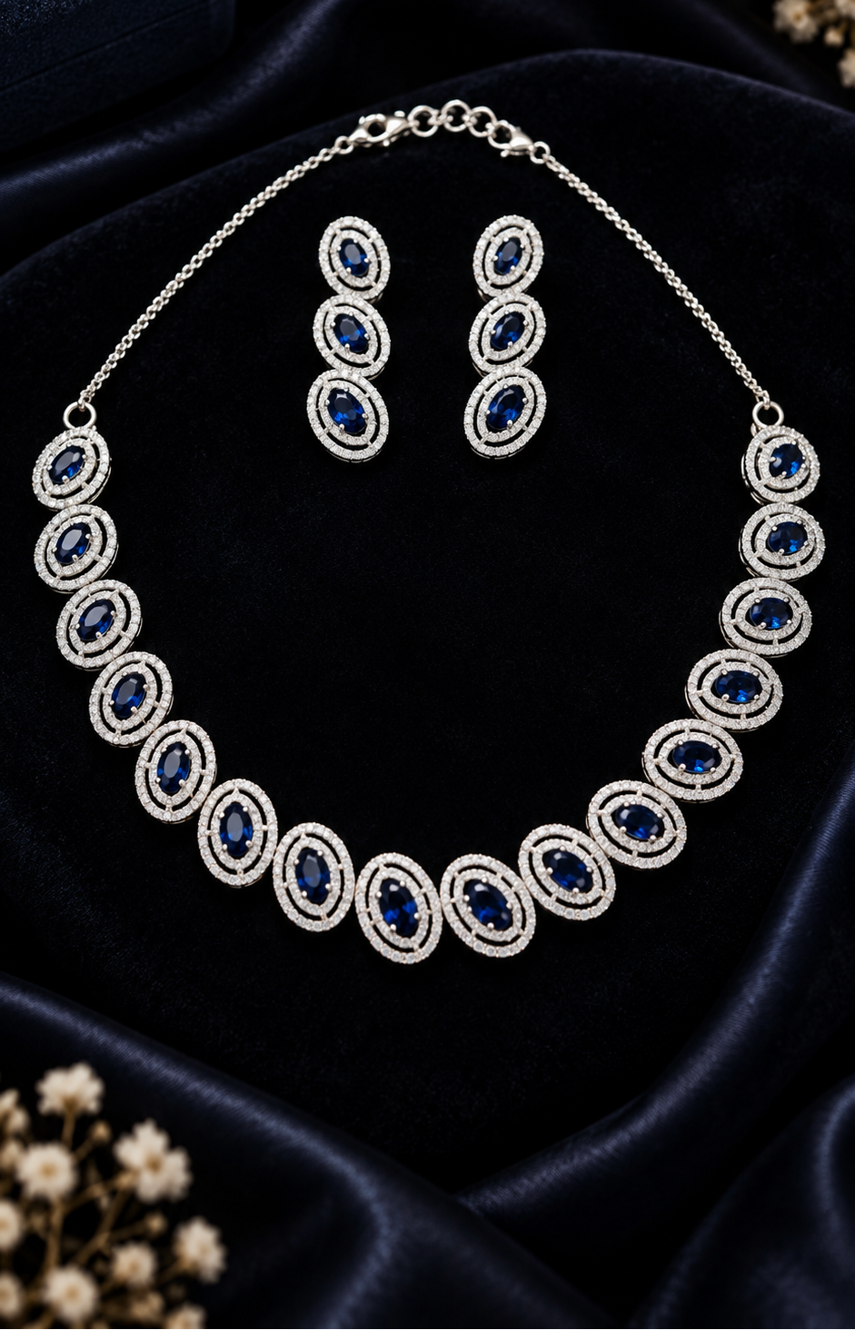 Platinum finish Blue Stone & Diamond Zirconia Necklace Set