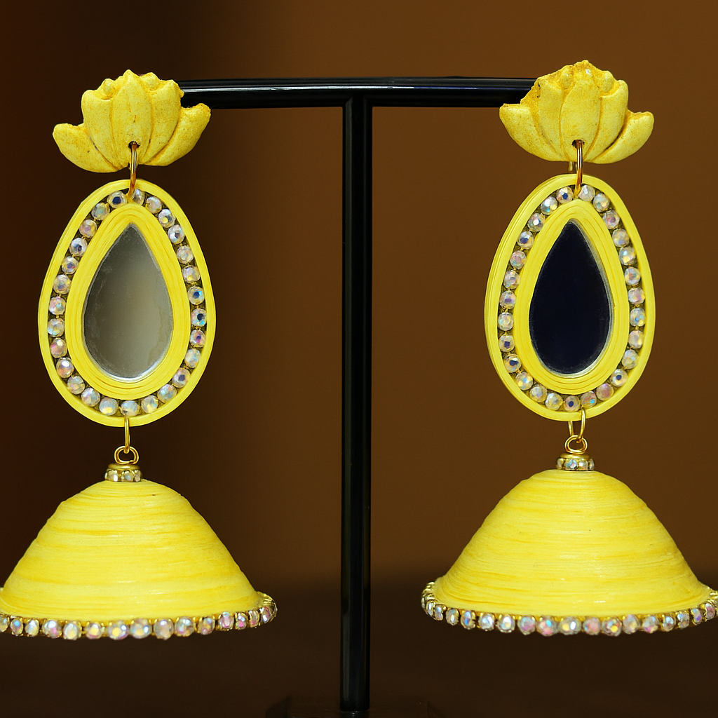 Light Yellow 3 Layered Lotus Jhumka with Mirror