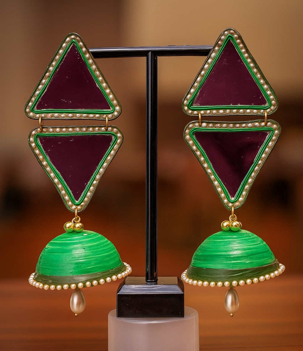 Green 3-layered Jhumka with Mirror and Pearl Latkan || Size: 10cm*4.5cm*4.5cm