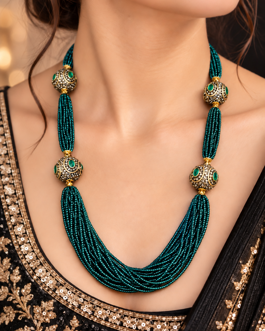 Evergreen Onyx Long Necklace (Peacock green)