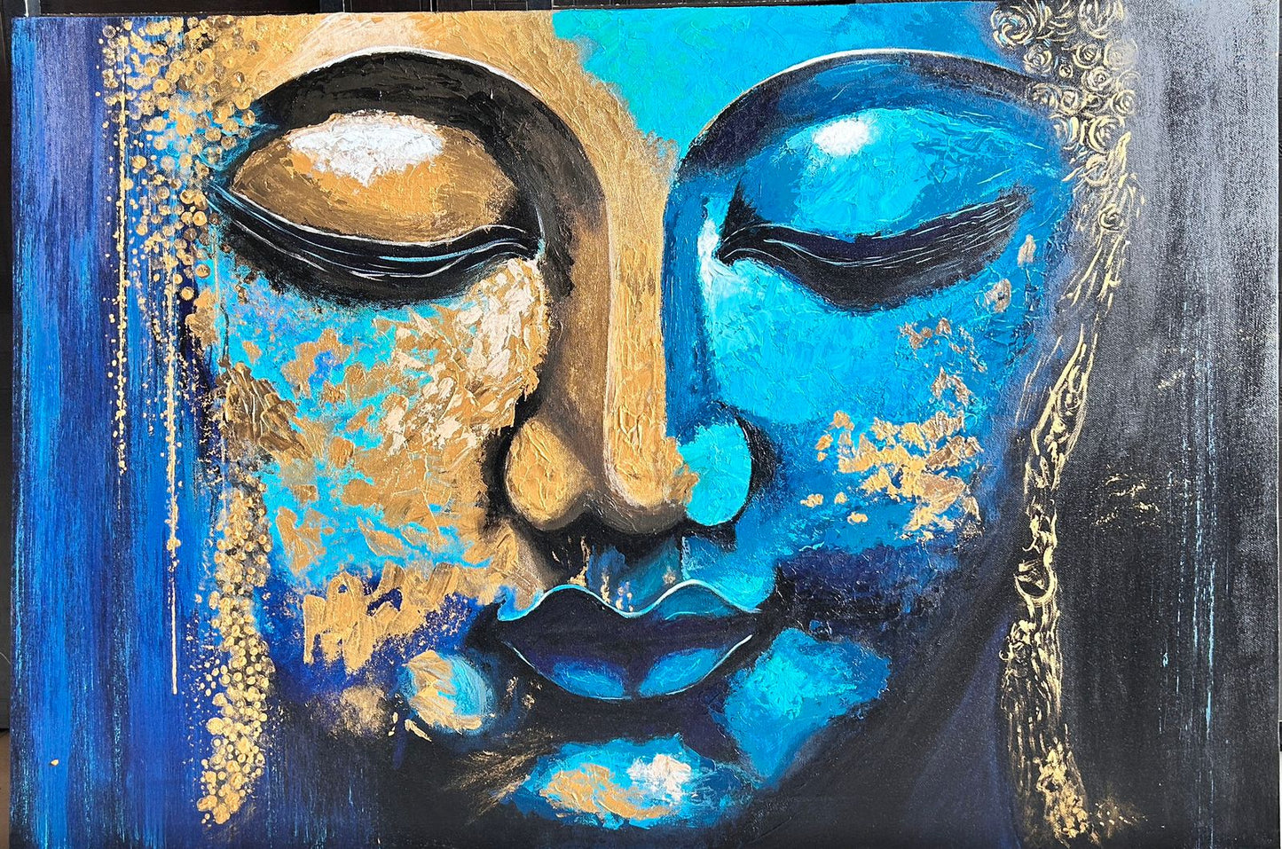 Abstract Blue & Gold Buddha Face Painting 36*24 inches