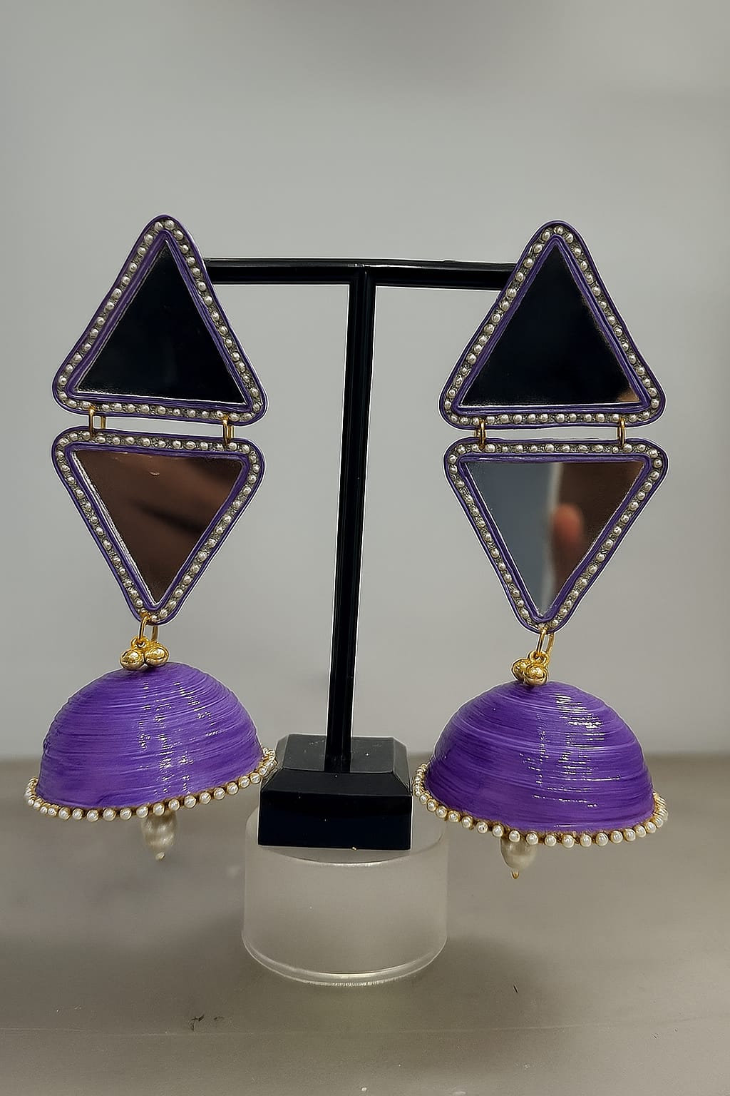 Lavender 3-layered Jhumka with Mirror and Pearl Latkan