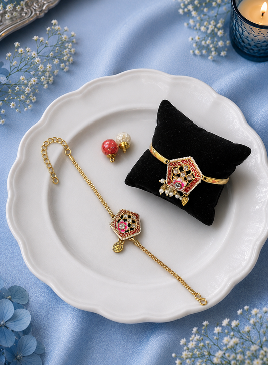 Red Kundan Pentagon Bhai Chain Rakhi and Bhabhi Bracelet