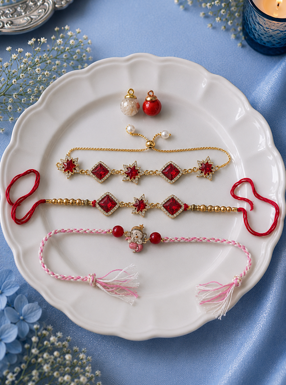 Red Diamond Bhai Bhabhi with Ganesha Rakhi  [Set of 3]