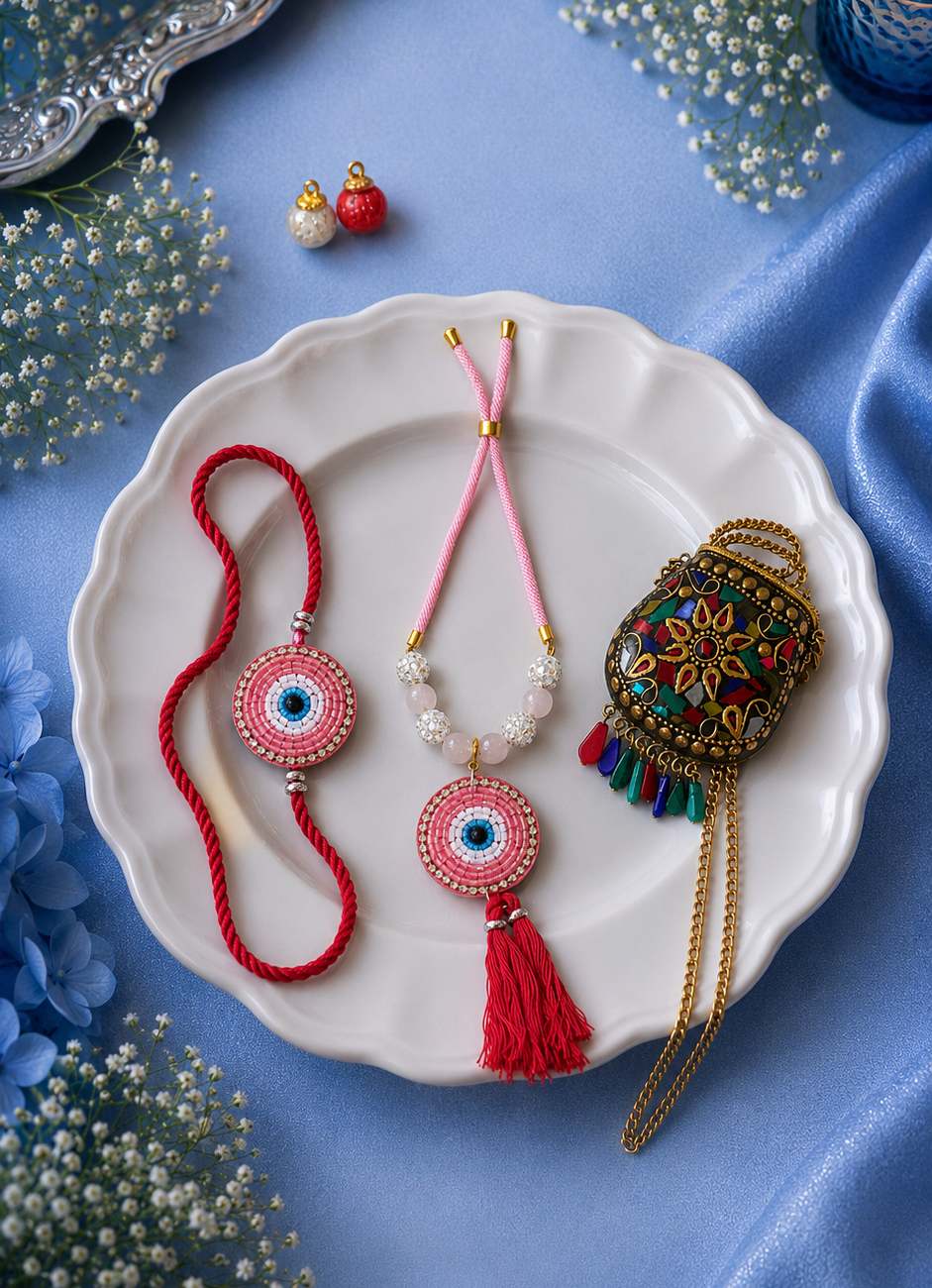 Red Evil Eye Bhai and Bhabhi Rakhi with Premium Brass Pouch - Gift for Bhabhi Combo