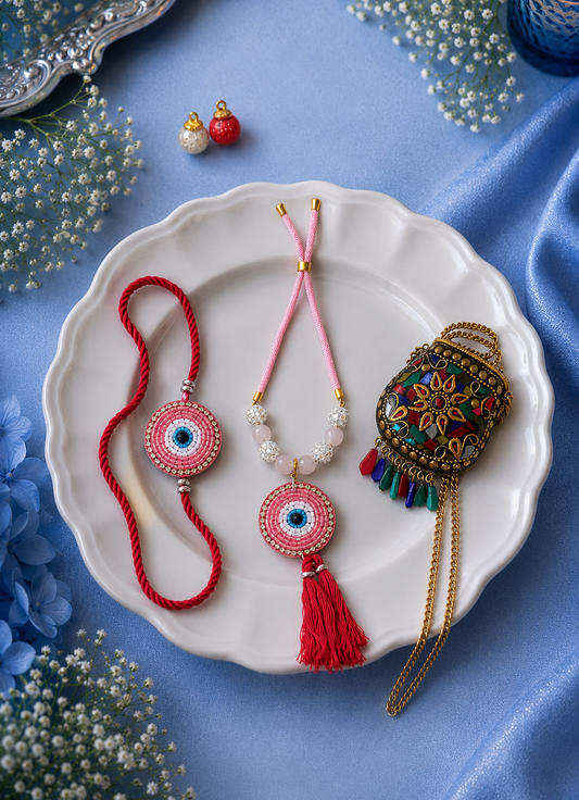 Red Evil Eye Bhai and Bhabhi Rakhi with Premium Brass Pouch - Gift for Bhabhi Combo