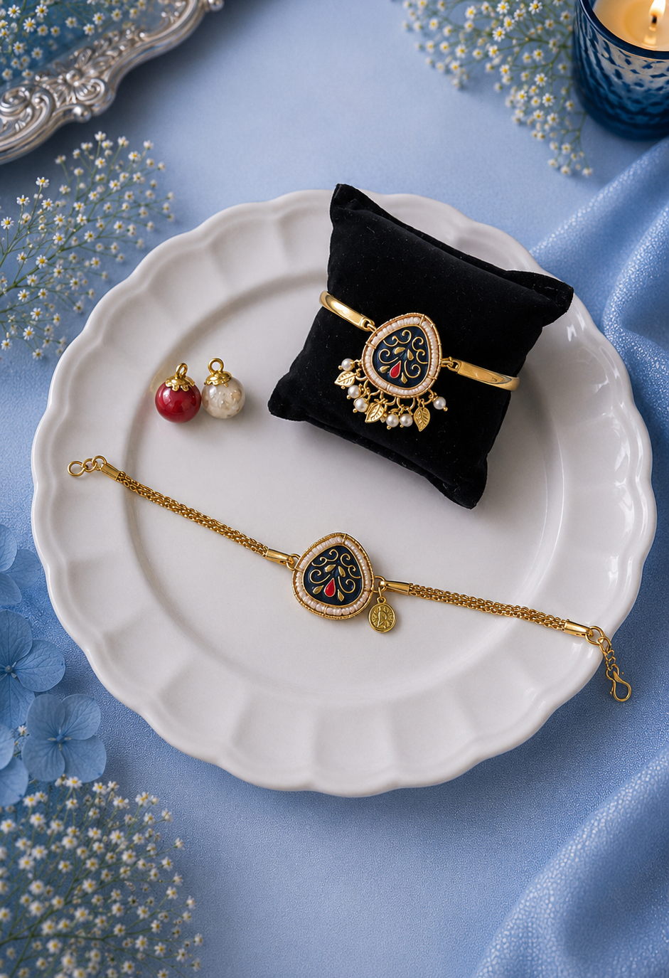 Navy blue triangle Kundan Bhai Chain Rakhi and Bhabhi Bracelet [Set of 2]