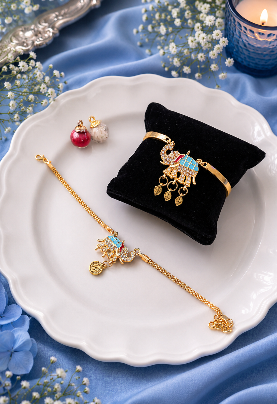 Pastel Blue Kundan Elephant Bhai Chain Rakhi and Bhabhi Bracelet [Set of 2]