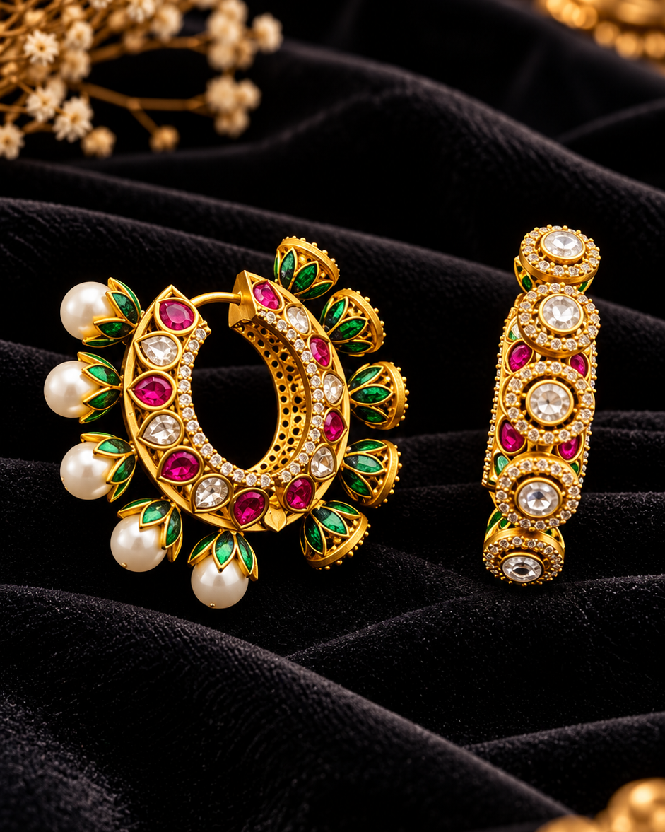 Green Meenakari Amrapali Designer Kundan Polki Hoops