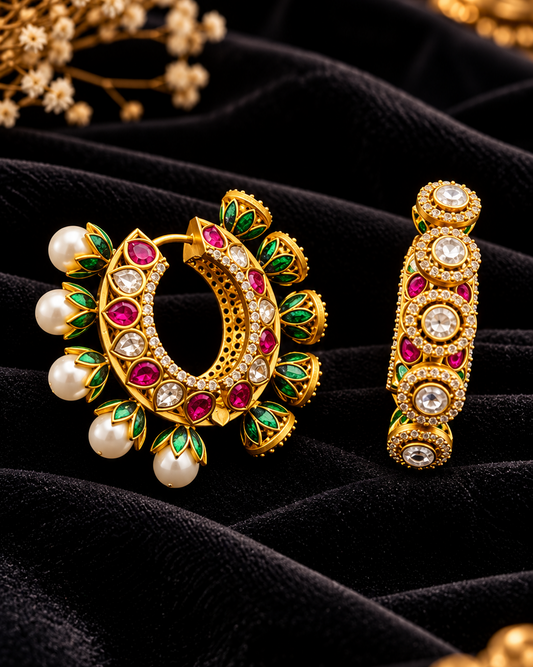 Green Meenakari Amrapali Designer Kundan Polki Hoops