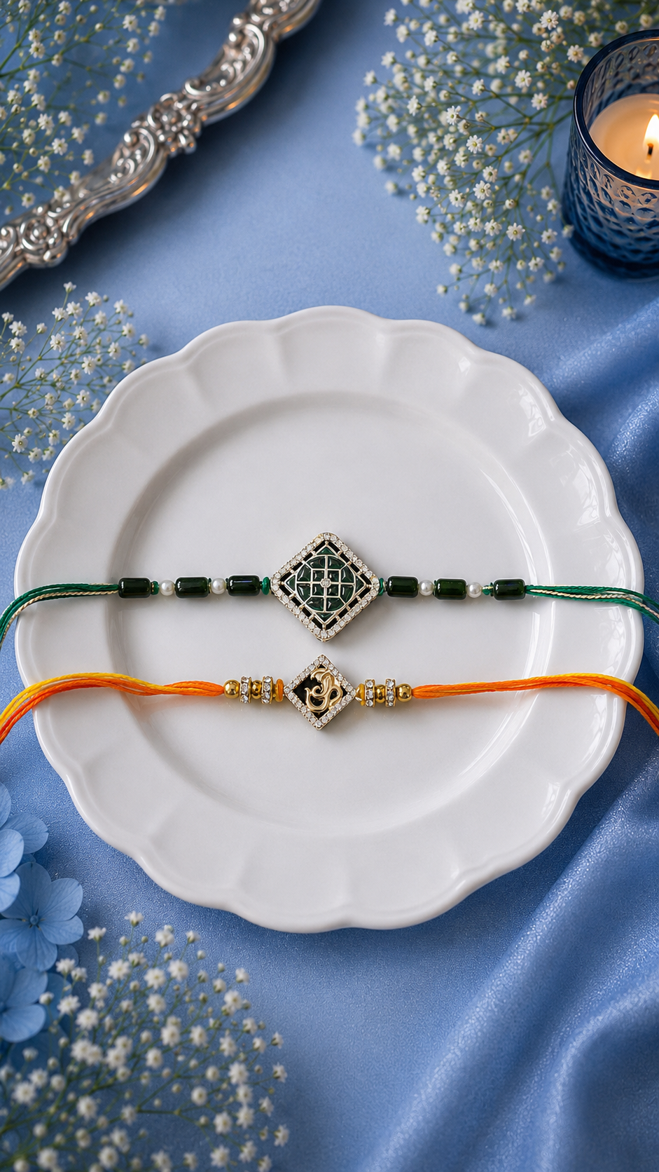 Green Kundan and Ganesha Bhai Rakhi [Set of 2] with Roli Chawal