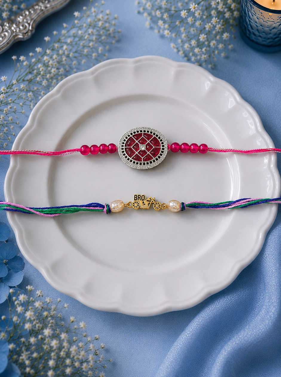 Marron Kundan and Bro Bhai Rakhi [Set of 2] with Roli Chawal