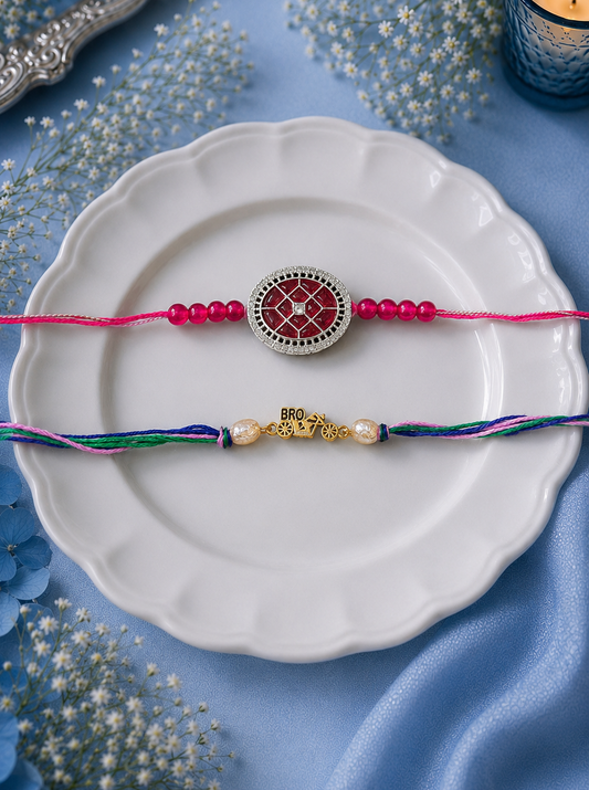 Marron Kundan and Bro Bhai Rakhi [Set of 2] with Roli Chawal