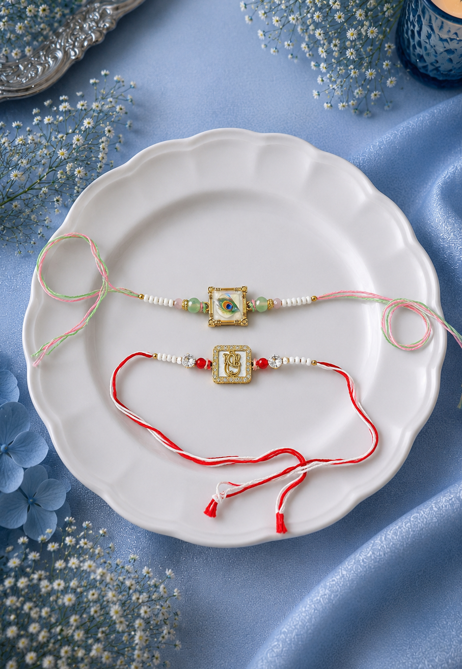 Two traditional Indian Rakhi bracelets with gold-toned bangles and red/white threads, displayed on a white scalloped plate with decorative blue flowers and a blue candle in the background.