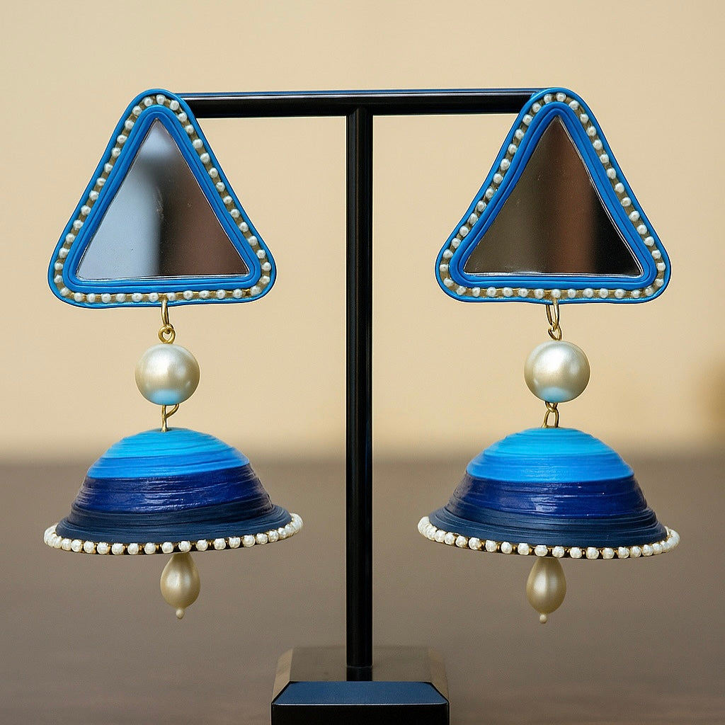 Dual Blue Pearl and Mirror Jhumka || Size: 9cm*5cm*5cm