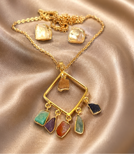 Semi- Precious Stone Square Chain Necklace with Studs