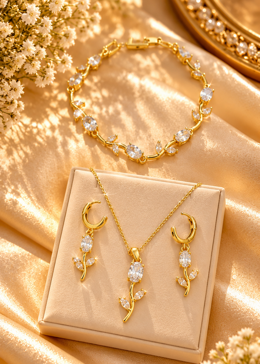Trendy Tulip Necklace set with Earrings and Bracelet Combo (White)
