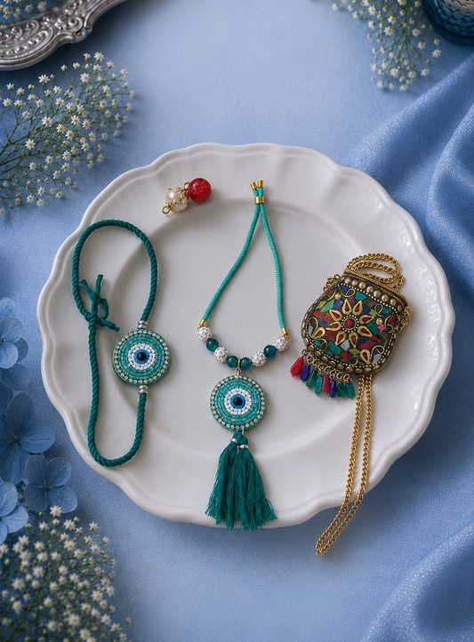 Teal Evil Eye Bhai and Bhabhi Rakhi with Premium Brass Pouch - Gift for Bhabhi Combo