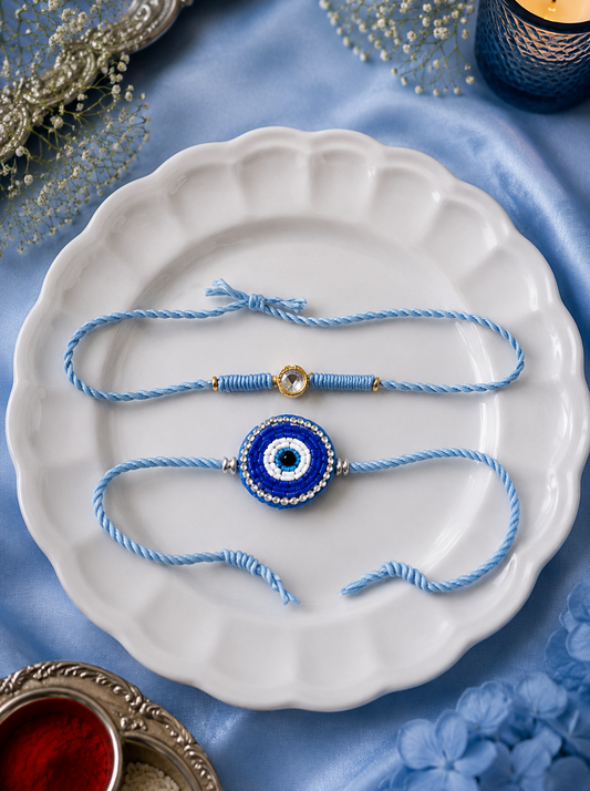 Blue Evil Eye Rakhi and Gana Set [Set of 2]