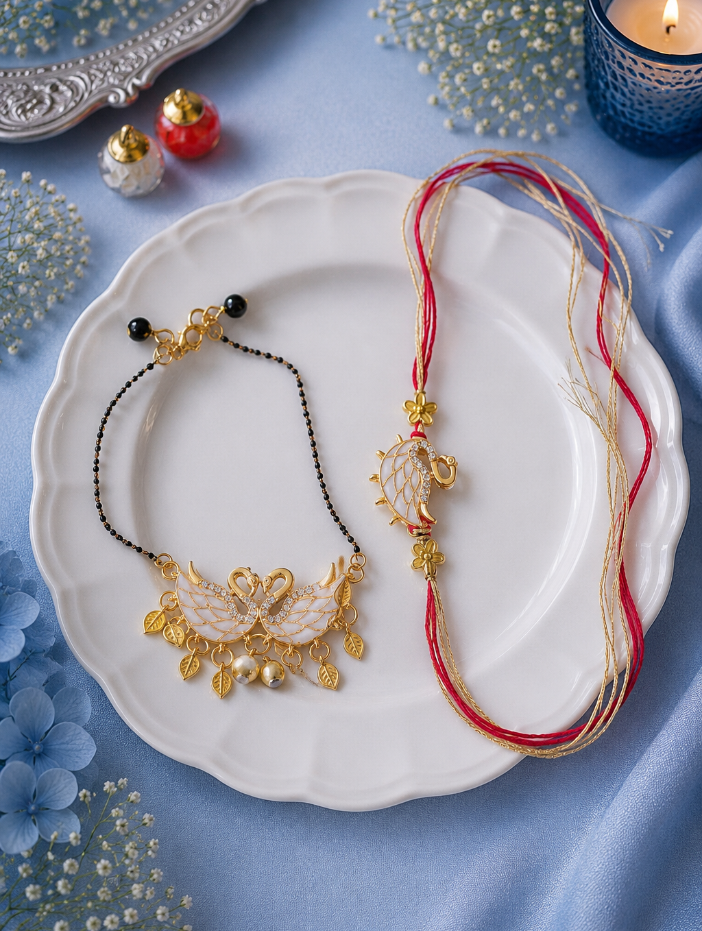 Beautiful White Swam Bhaiya and Bhabhi Rakhi [Set of 2]