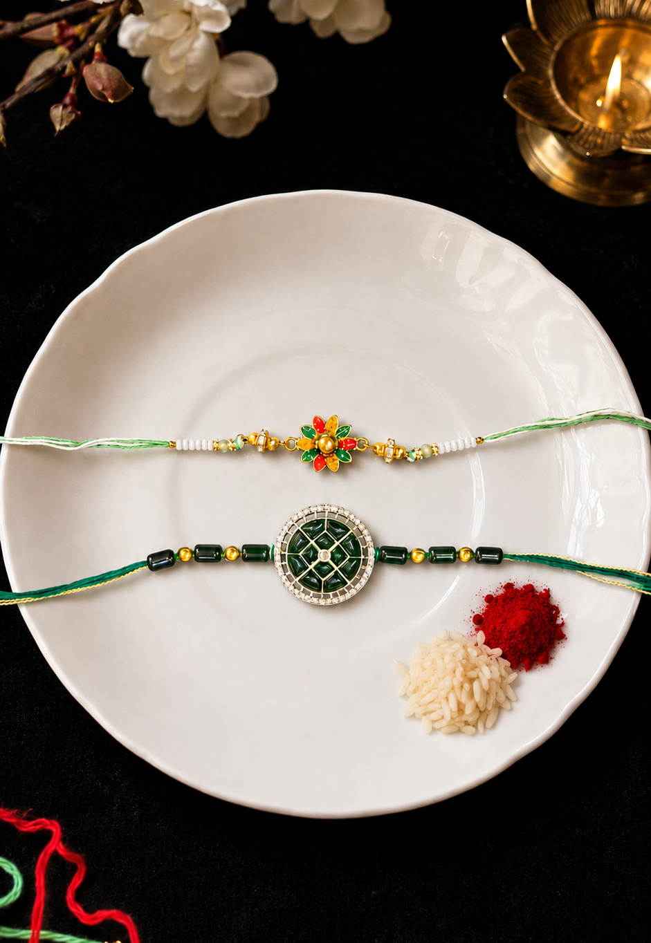 Emerald & Flower Bhai Rakhi [Set of 2] with Roli Chawal