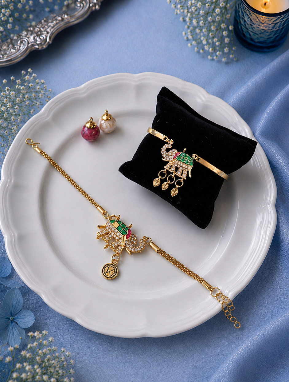 Green Kundan Elephant Bhai Chain Rakhi and Bhabhi Bracelet [Set of 2]