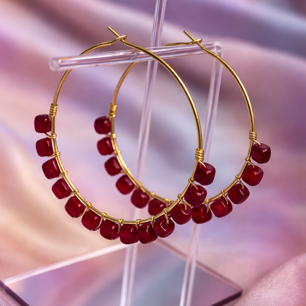 Cube Natural Stones Loop and Hoop Earrings - || Size: 7.5 cm Dia