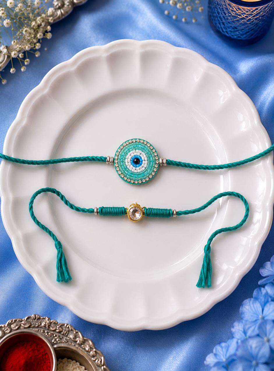 Teal Evil Eye Rakhi and Gana Set [Set of 2]