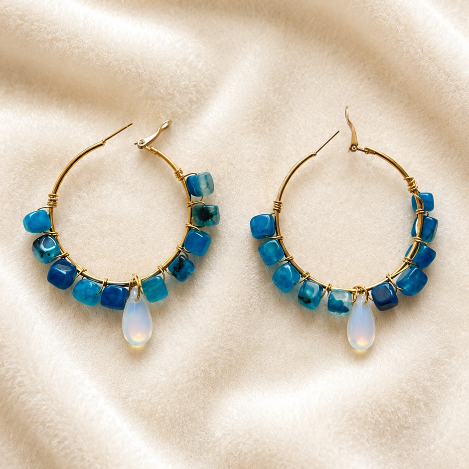 Square agate with moonlight drop Loop Earrings -4.5 cm diameter