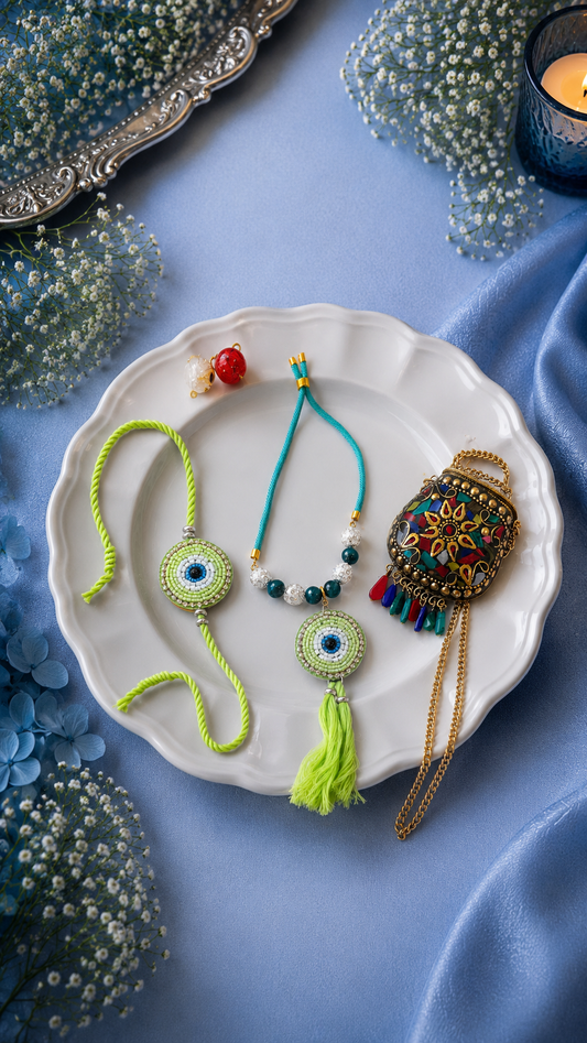 Green evil Eye Bhai and Bhabhi Rakhi with Premium Brass Pouch - Gift for Bhabhi Combo