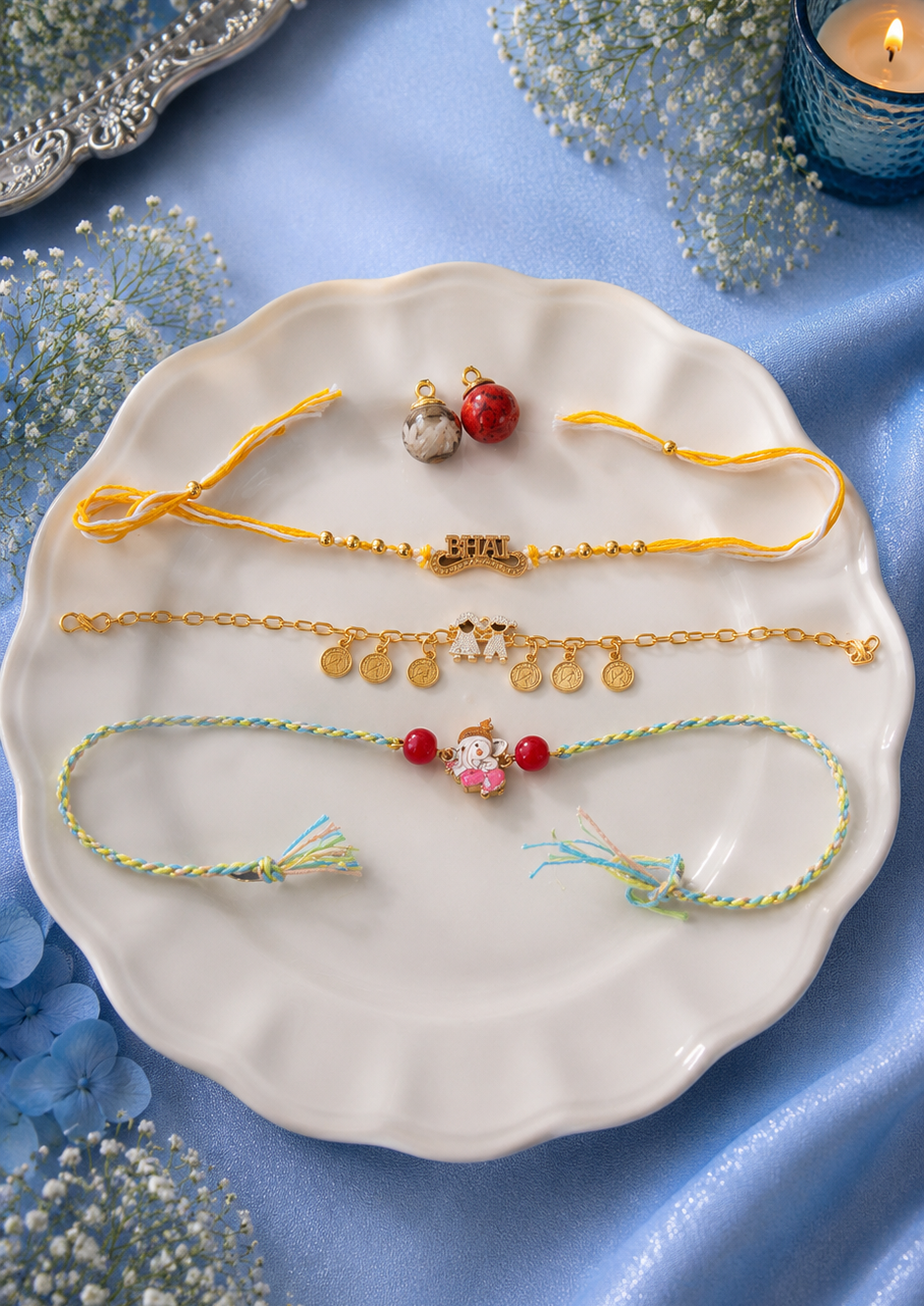 Kundan Bhai & Bhabhi Bracelet Rakhi with Kids Rakhi [Set of 3]