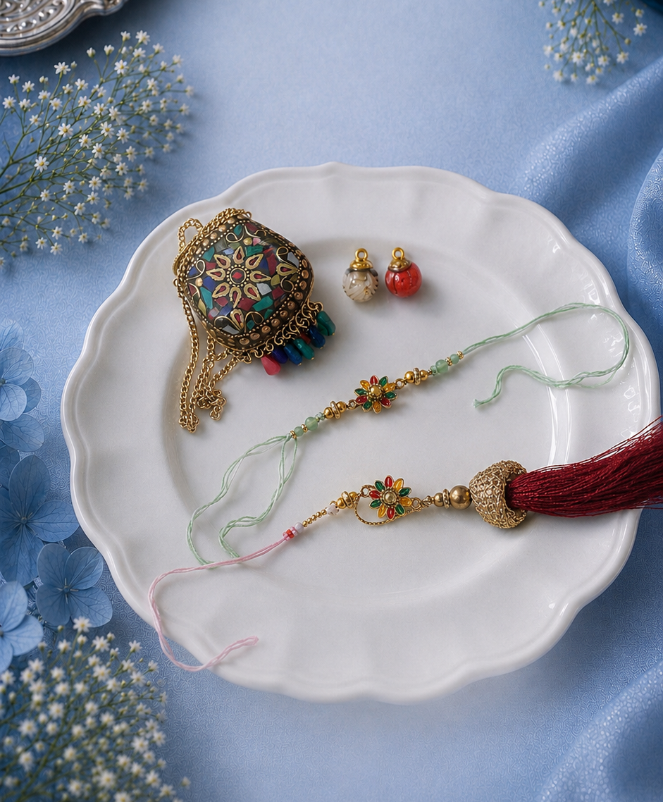 Flower Bhai and Bhabhi Rakhi with Premium Brass Pouch - Gift for Bhabhi Combo