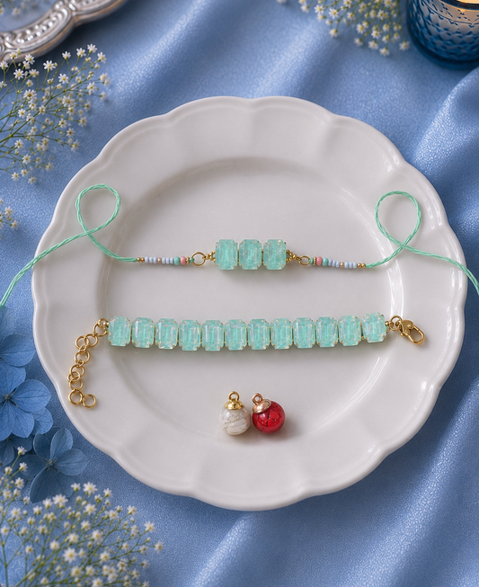 Green Opal Stone Bhai Rakhi and Bhabhi Bracelet [Set of 2]